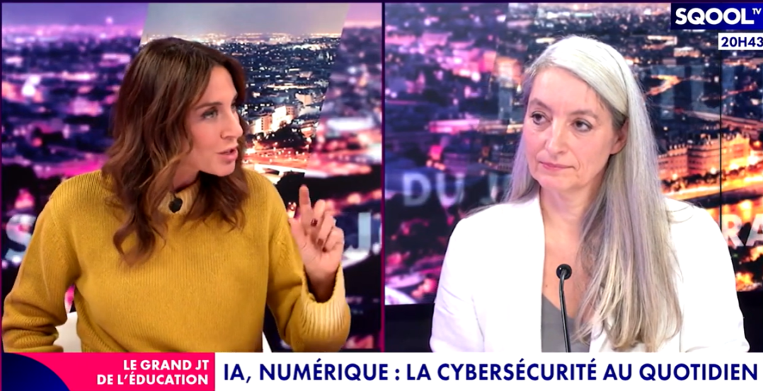 capture écran de la video interview sqool tv de Aurélie Beaupel sur Jeunes et Cybersécurité et IA par Virginie Guilhaume