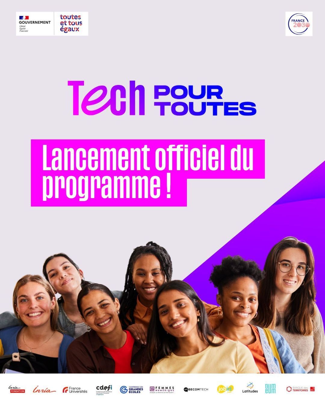 Affiche de lancement du programme Techpourtoutes de l'INRIA avec un groupe de jeunes femmes.